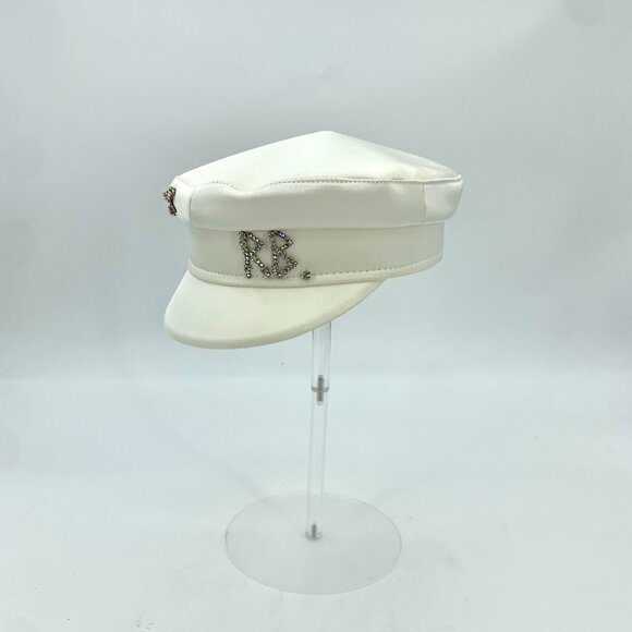 Ruslan Baginskiy White Satin Beret Navy Cap With RB Logo Crystal
